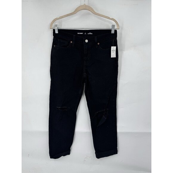 Old Navy Mid Rise Boyfriend Jeans Women 2 Petite Black NEW Distressed Preppy - Picture 1 of 10